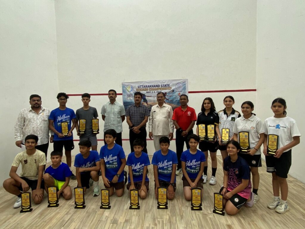 Vantage Hall squash champions Partigya and Gargi with their Gold medals at Uttarakhand State Championship 2026 - best girls boarding school in Dehradun.