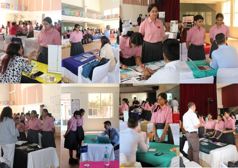 Vantage Hall students interacting with global university delegates at the fair - best girls boarding school in Dehradun career guidance.