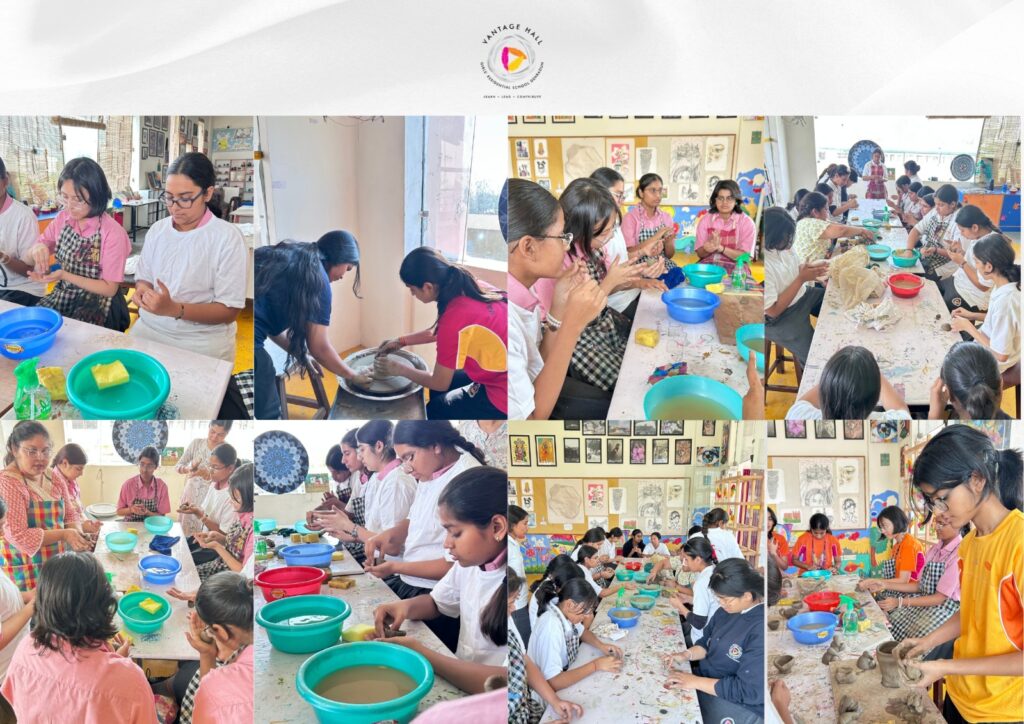 Vantage Hall students learning to use the potter's wheel at the workshop - best girls boarding school in Dehradun creative arts