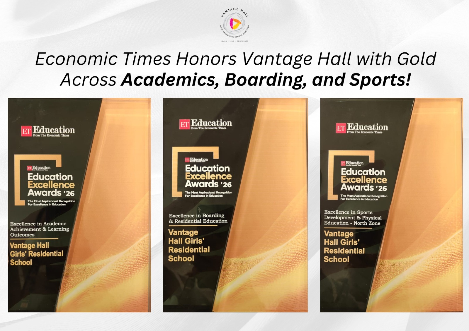 Vantage Hall leadership receiving the National Excellence trophy at Economic Times Awards 2026 - best boarding school in Dehradun