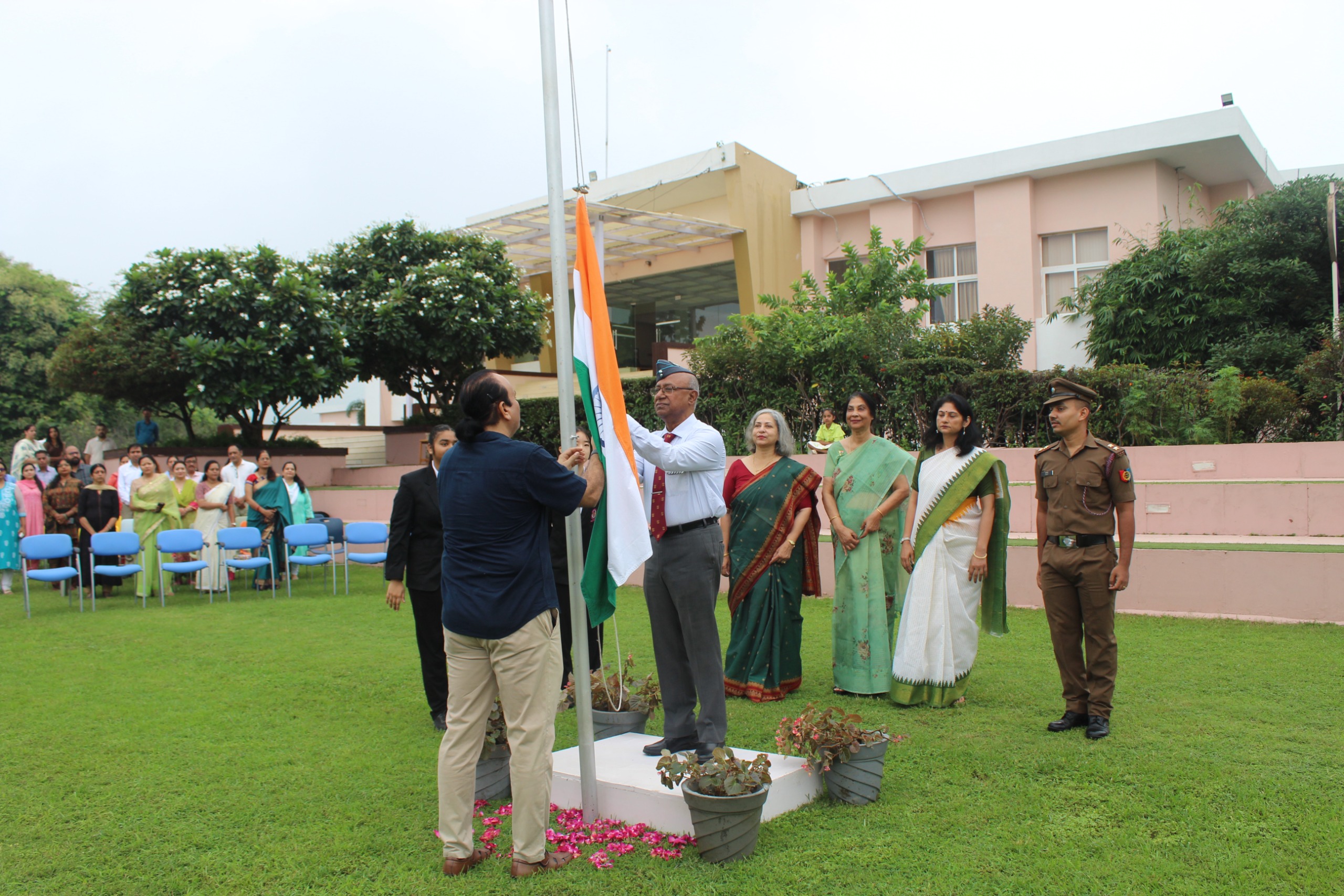 Group Captain Rana Biswas addressing the students during 80th Independence Day celebrations at Vantage Hall - best girls boarding school in Dehradun