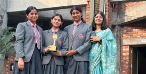 Student delegation celebrating the film critique victory at the 10th Edition of Silver Fiesta at the best girls boarding school in Dehradun India