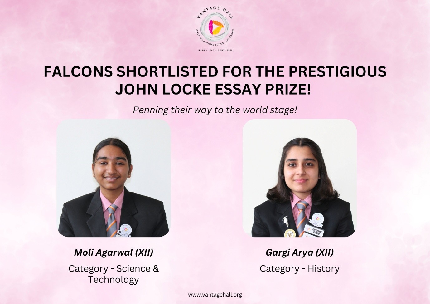 Vantage Hall students Gargi Arya and Moli Agarwal shortlisted for the John Locke Global Essay Prize - best girls boarding school in Dehradun India
