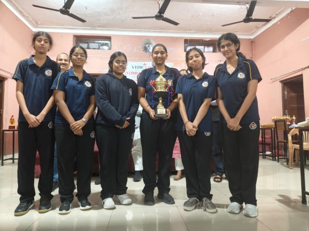 Molly Agrawal and team members competing in the Under-19 chess category at the best girls boarding school in Dehradun India