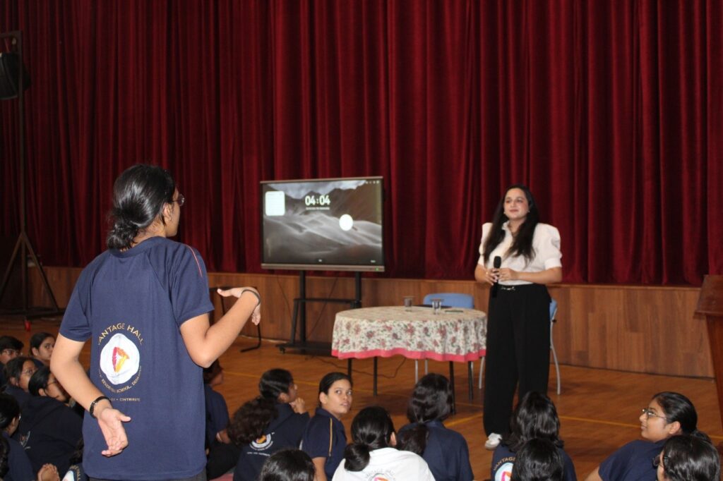 Ms. Chahat from One Young India conducting the Learnacy and Model G20 workshop at Vantage Hall - best girls boarding school in Dehradun India