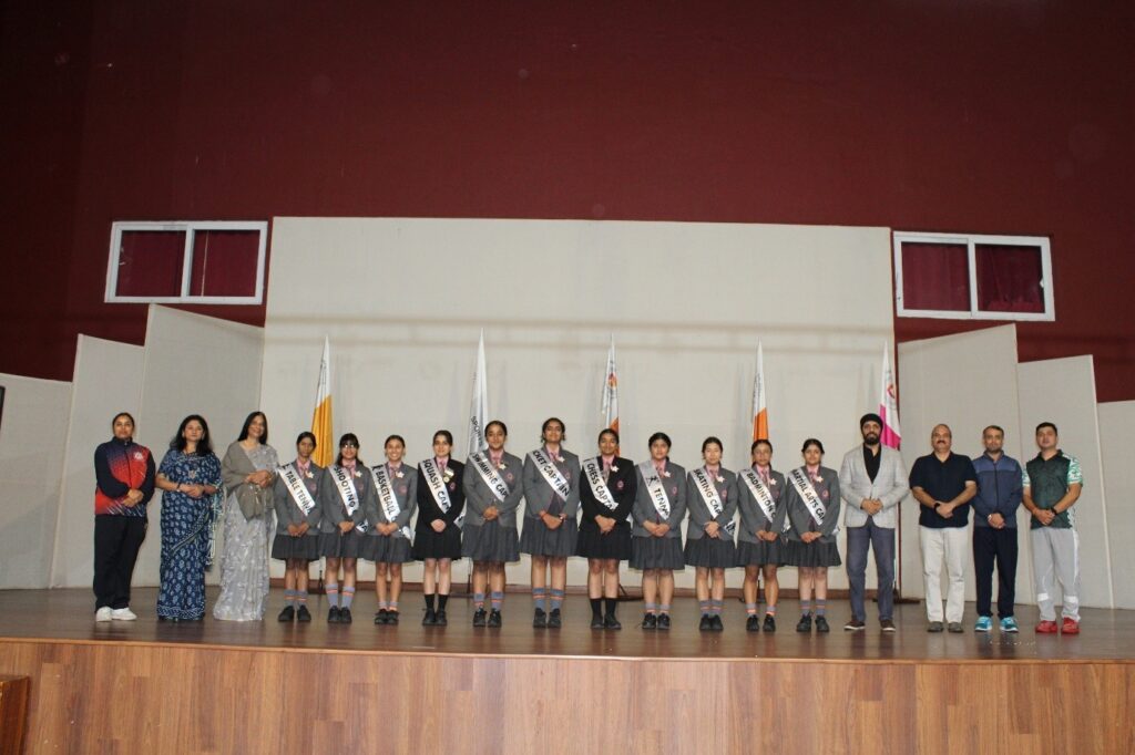 Newly inducted Sports Captains receiving their leadership badges during the Investiture Ceremony at Vantage Hall - best girls boarding school in Dehradun India